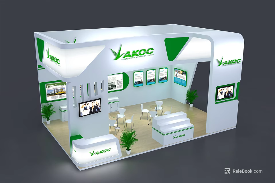 AROC Exhibition Booth In White And Green With Display Screens Tables Chairs And Green Plants 3d model 