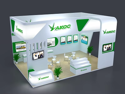 AROC Exhibition Booth In White And Green With Display Screens Tables Chairs And Green Plants 3d model