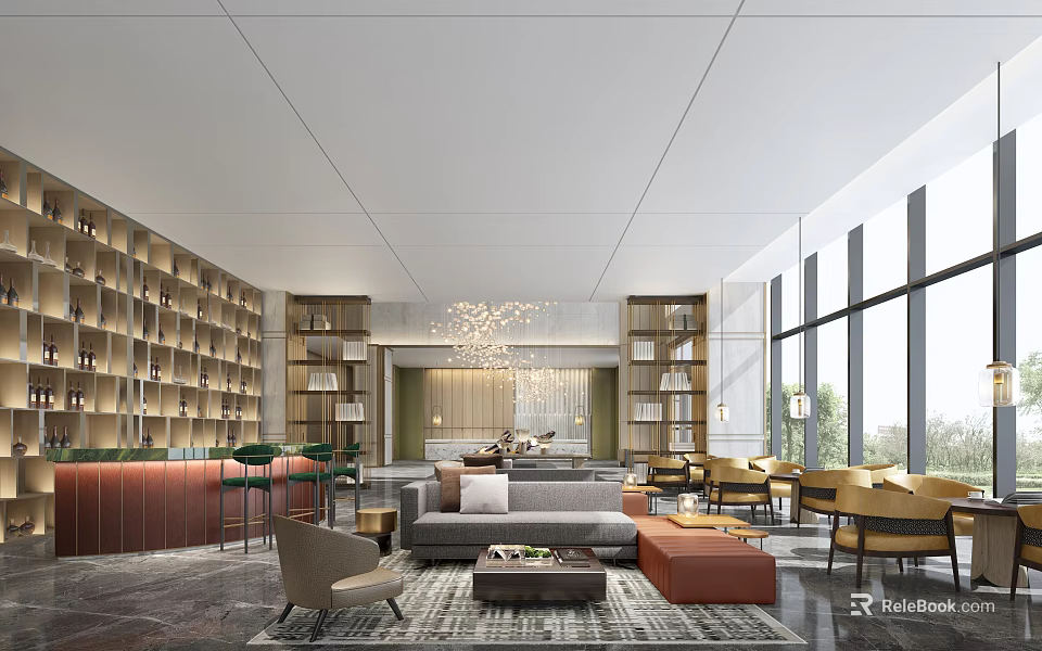 Modern Hotel Lobby Interior With Comfortable Seating Coffee Table Bookshelves And Floor To Ceiling Windows 3d model 