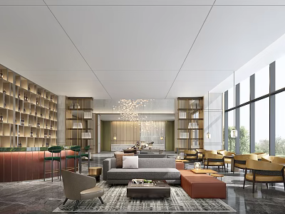 Modern Hotel Lobby Interior With Comfortable Seating Coffee Table Bookshelves And Floor To Ceiling Windows 3d model