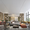 Modern Hotel Lobby Interior With Comfortable Seating Coffee Table Bookshelves And Floor To Ceiling Windows