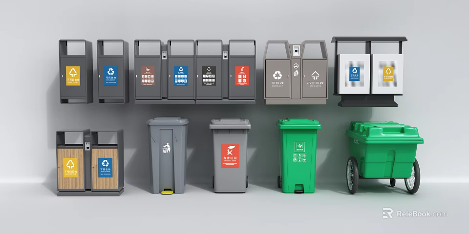 Public Trash Bins Featuring Different Color Coded Recycling And Waste Labels 3d model 