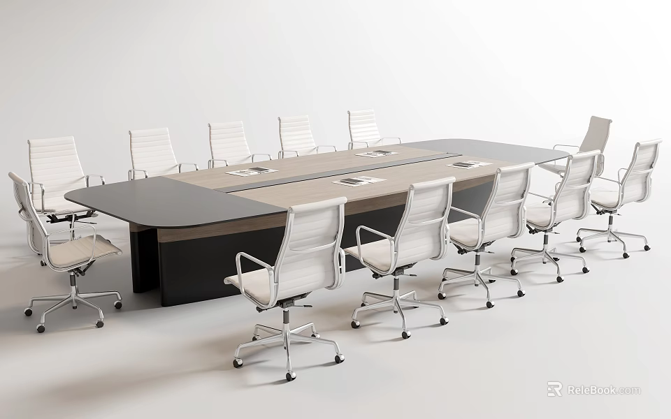 Modern Rectangular Conference Table With White Office Chairs In Meeting Room 3d model
