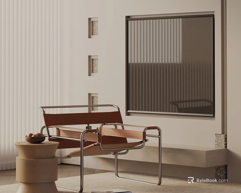 Modern Brown Leather Leisure Chair With Metal Frame And Decorative Art In Minimalist Interior Space 3d model 