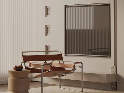 Modern Brown Leather Leisure Chair With Metal Frame And Decorative Art In Minimalist Interior Space 3d model