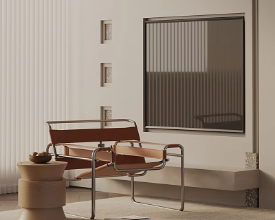 Modern Brown Leather Leisure Chair With Metal Frame And Decorative Art In Minimalist Interior Space 3d model