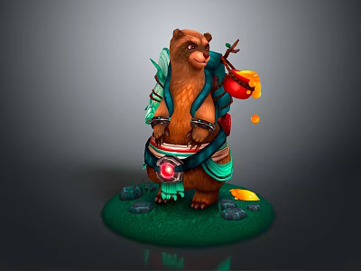 Game Movie Bear Character In Decorative Outfit With Backpack Glowing Item On Green Base 3d model