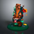 Game Movie Bear Character In Decorative Outfit With Backpack Glowing Item On Green Base