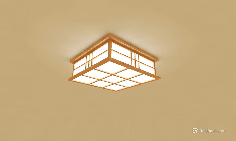 Modern Square Wooden Frame Ceiling Light With Grid Design And White Illumination 3d model