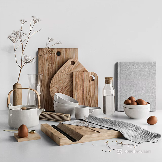 Natural Wooden Kitchen Utensils With Cutting Boards Bowls And Ceramic Kettle 3d model 