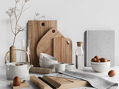 Natural Wooden Kitchen Utensils With Cutting Boards Bowls And Ceramic Kettle 3d model
