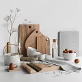 Natural Wooden Kitchen Utensils With Cutting Boards Bowls And Ceramic Kettle