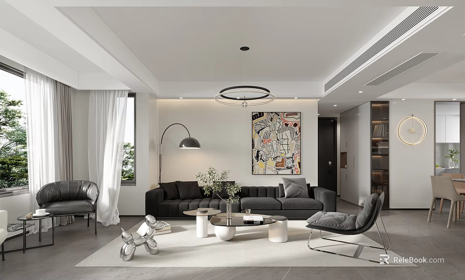 Modern Living And Dining Room Interior With Grey Sofa Abstract Painting Round Chandelier And Area Rug 3d model 