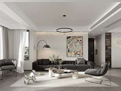 Modern Living And Dining Room Interior With Grey Sofa Abstract Painting Round Chandelier And Area Rug 3d model