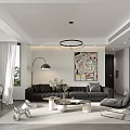 Modern Living And Dining Room Interior With Grey Sofa Abstract Painting Round Chandelier And Area Rug