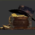 Antique Wooden Treasure Chest With Gold Coins Jewelry And Leather Hat