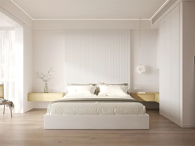 Modern Bedroom Interior With White Bed Vertical Striped Wall Wooden Nightstands And Natural Light 3d model