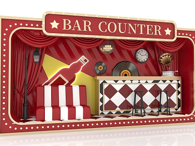 Vintage Bar Window Display With Diamond Checkered Counter Red Curtains Striped Sofa And Decor 3d model