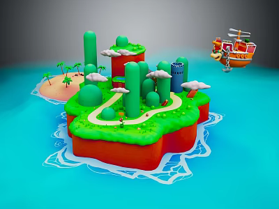 3D Island Scene With Green Plants Red Base White Clouds Small Boat And Blue Water 3d model