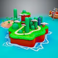 3D Island Scene With Green Plants Red Base White Clouds Small Boat And Blue Water