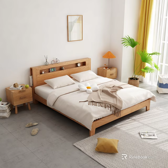 Wooden Modern Double Bed with White Sheets Bedside Shelf Nightstand Lamp Potted Plant Natural Light 3d model 