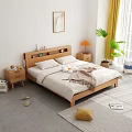 Wooden Modern Double Bed with White Sheets Bedside Shelf Nightstand Lamp Potted Plant Natural Light