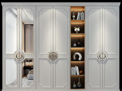 Modern White Wardrobe With Glass Doors And Illuminated Display Shelves Holding Decorative Items And Books 3d model