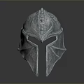 Silver Metallic Weapon Helmet With Detailed Carved Design And Reflective Surface