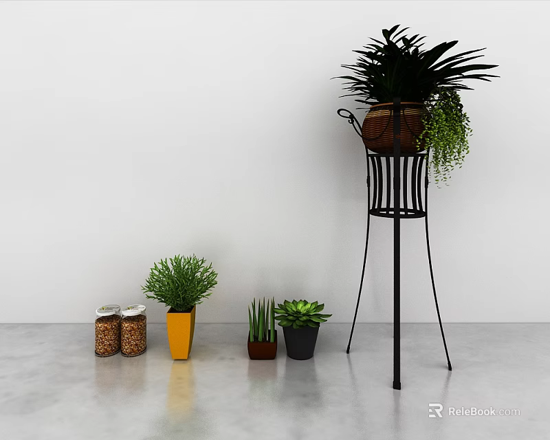 Bonsai Potted Plants Display With Metal Stand And Colored Pots For Indoor Decor 3d model 