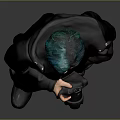 Man With Green Hair Wearing Black Coat And Green Pants Holding Camera Against Gray Background