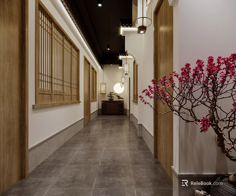 Chinese Style Hotel Corridor With Wooden Lattice Lantern Lights Gray Floor Tiles And Red Flowers 3d model 