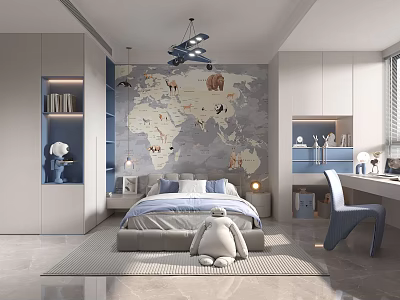 Modern Children's Room Interior With World Map Wallpaper Bed Study Desk And Stuffed Toy 3d model