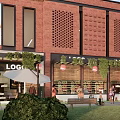 Red Brick Commercial Building With Glass Windows And Outdoor Umbrellas Near Tall Buildings