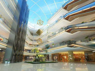 Modern Shopping Mall Atrium With Glass Dome Multi Level Corridors Hanging Decorations And Green Plants 3d model