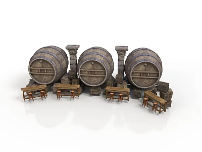 Rustic Architectural Scene With Stone Pillars Three Barrels And Wooden Tables 3d model