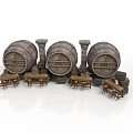 Rustic Architectural Scene With Stone Pillars Three Barrels And Wooden Tables
