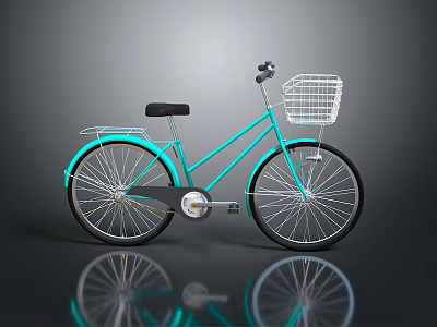 Turquoise Classic Style Bicycle with White Basket and Black Seat on Gray Background 3d model