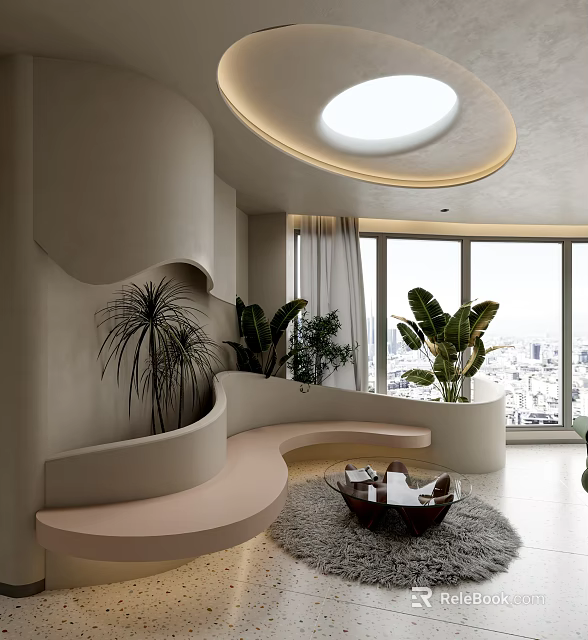 Modern Hotel Public Lounge Area With Curved Sofa Plants Circular Skylight Large Windows City View 3d model 