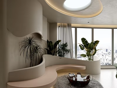 Modern Hotel Public Lounge Area With Curved Sofa Plants Circular Skylight Large Windows City View 3d model