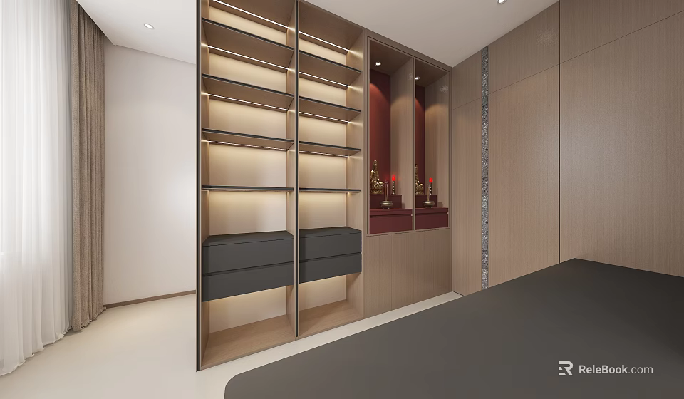 Modern Buddhist Shrine Cabinet With Multiple Shelves LED Lighting Wooden Finish And Red Accents 3d model 