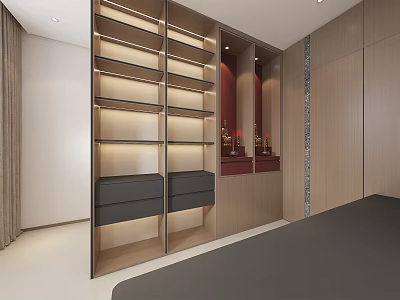 Modern Buddhist Shrine Cabinet With Multiple Shelves LED Lighting Wooden Finish And Red Accents 3d model