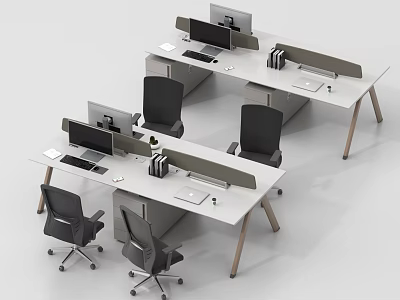 Modern Office Desks Workspace Setup With Ergonomic Chairs Desktop Computers Dividers And Office Supplies 3d model