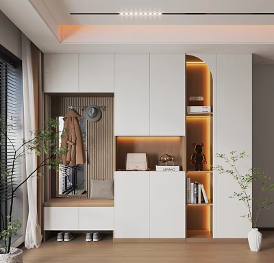 Modern White Shoe Cabinet Design With Open Shelves Warm Lighting And Coat Hooks 3d model