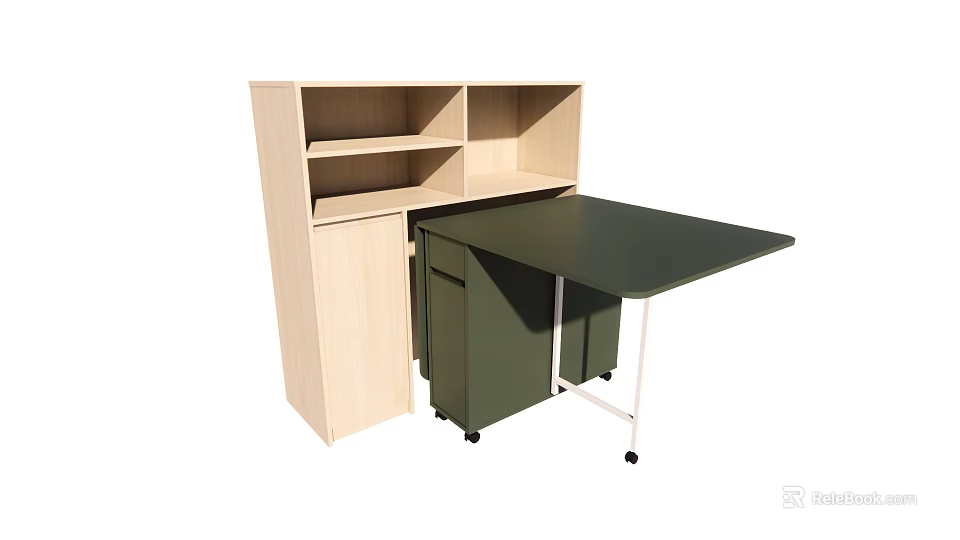 Green Tabletop Dining Table With Wooden Storage Shelves Rolling Cabinet And White Frame 3d model 