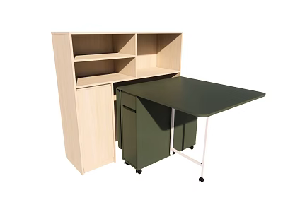 Green Tabletop Dining Table With Wooden Storage Shelves Rolling Cabinet And White Frame 3d model