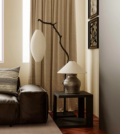 Elegant Table Lamp On Side Table Next To Leather Sofa With Curtains And Wall Art 3d model