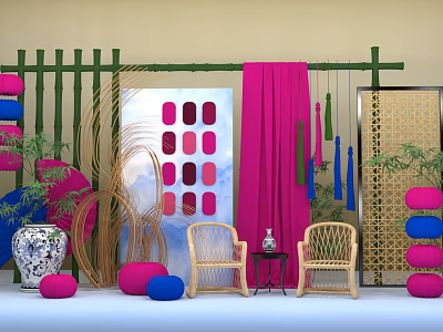 Traditional Oriental Decor With Bamboo Fence Pink Curtain Rattan Chairs And Colorful Cushions 3d model