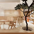 Modern Café Interior Design With Green Plant Circular Pendant Lights And Wooden Dining Tables