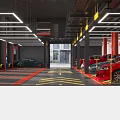 Modern Car Dealership Showroom Interior With Ceiling Lighting Red Black Floor Displaying Various Cars