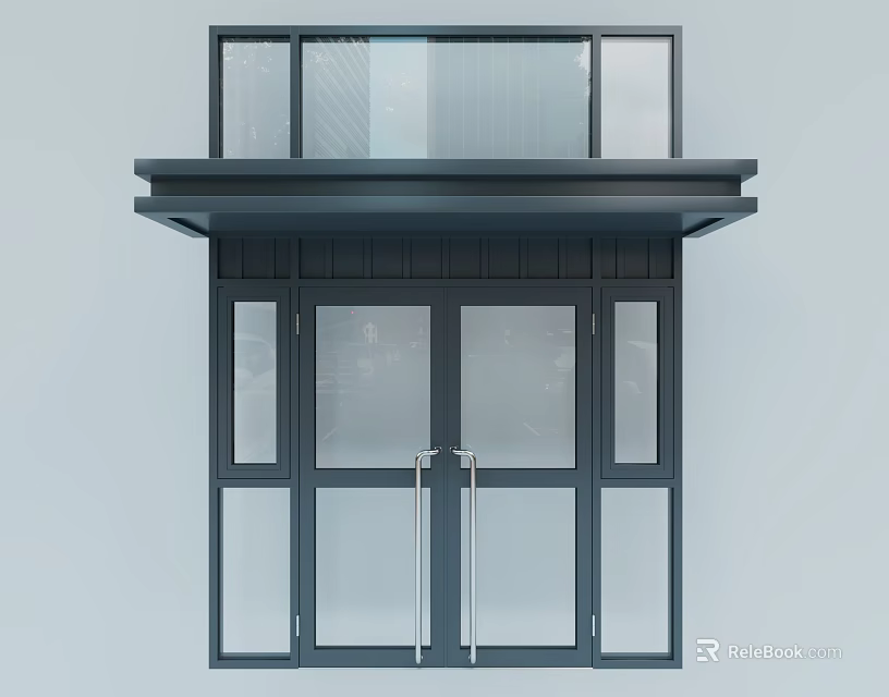 Modern Entrance Structure With Black Frame Glass Doors And Upper Windows 3d model 
